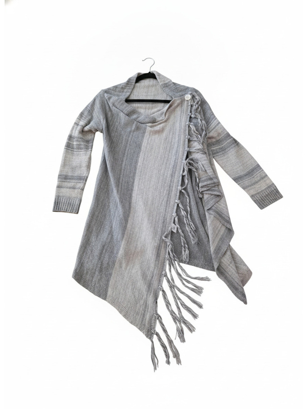 EUC XL Gray Asymmetric Knit Cardigan with Fringe Detail